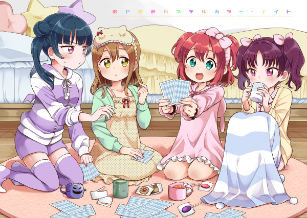 4girls, alternate_hairstyle, animal_ears, animal_hood, aqua_eyes, bangs, bed, blanket