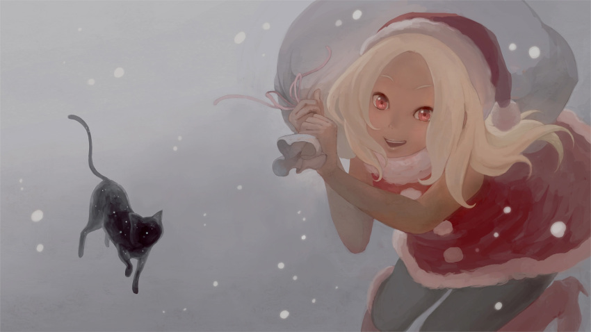 1girl, absurdres, alternate_costume, animal, black_cat, blonde_hair, boots, cat