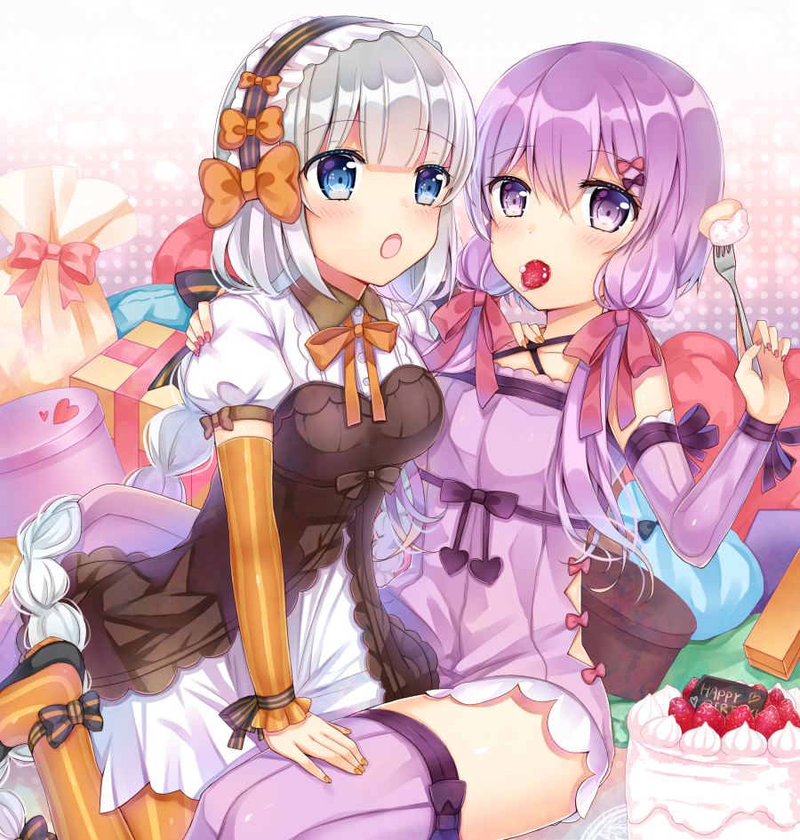2girls, black_footwear, black_hairband, blue_eyes, blush, bow, box, breasts