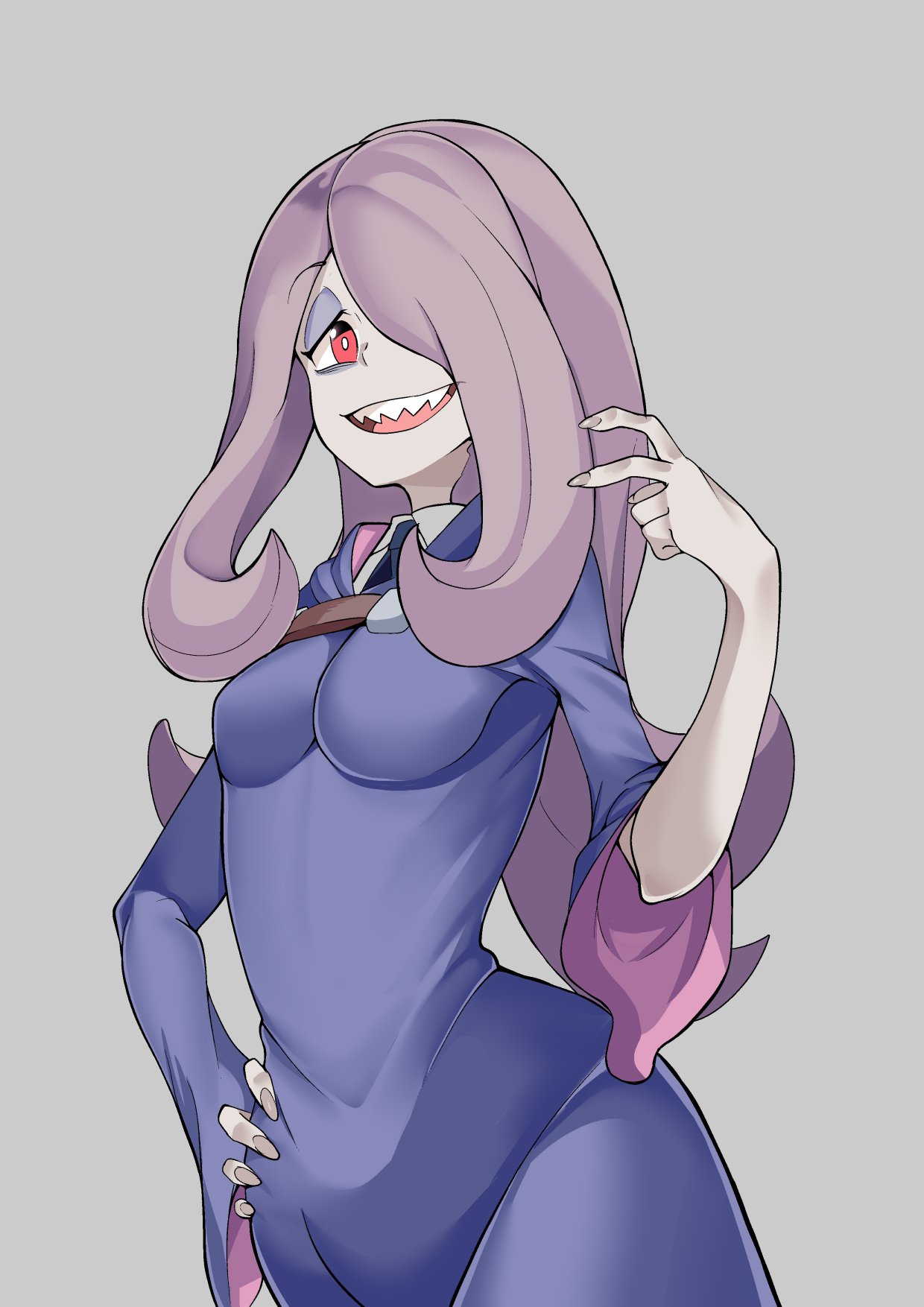 1girl, blue_neckwear, breasts, collar, commentary_request, eyebrows_visible_through_hair, eyeshadow, fingernails