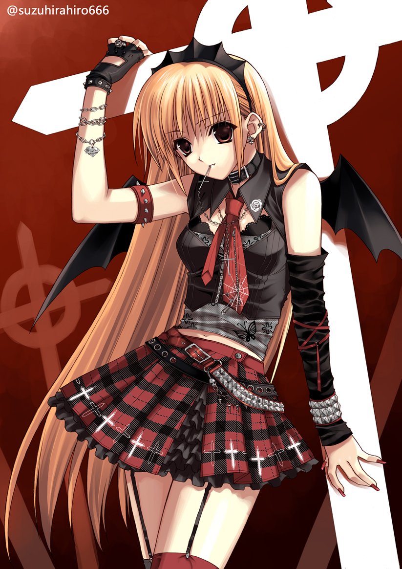 1girl, animal_print, armband, bat_wings, belt, black_gloves, blonde_hair, brown_eyes