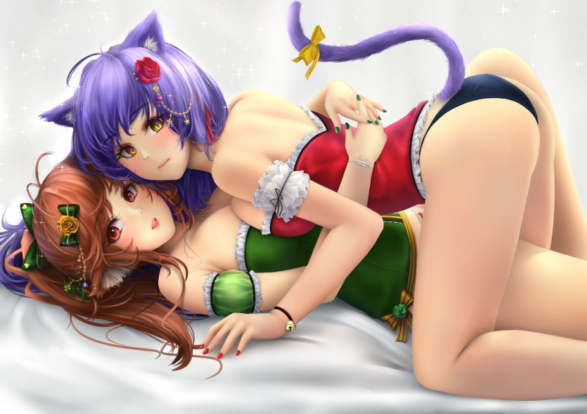 2girls, all_fours, anakin_sky_(utcc), animal_ear_fluff, animal_ears, arm_garter, ass, asymmetrical_docking