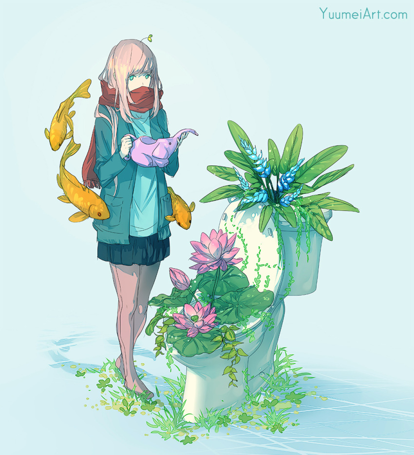 1girl, blue_background, blue_eyes, commentary, english_commentary, facing_viewer, flower, jacket