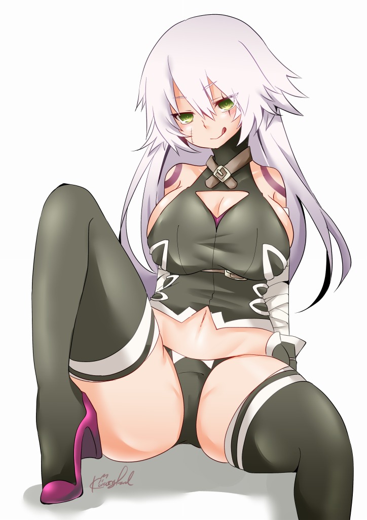 1girl, alternate_breast_size, alternate_hair_length, alternate_hairstyle, bandage, bandaged_arm, bandages, black_legwear