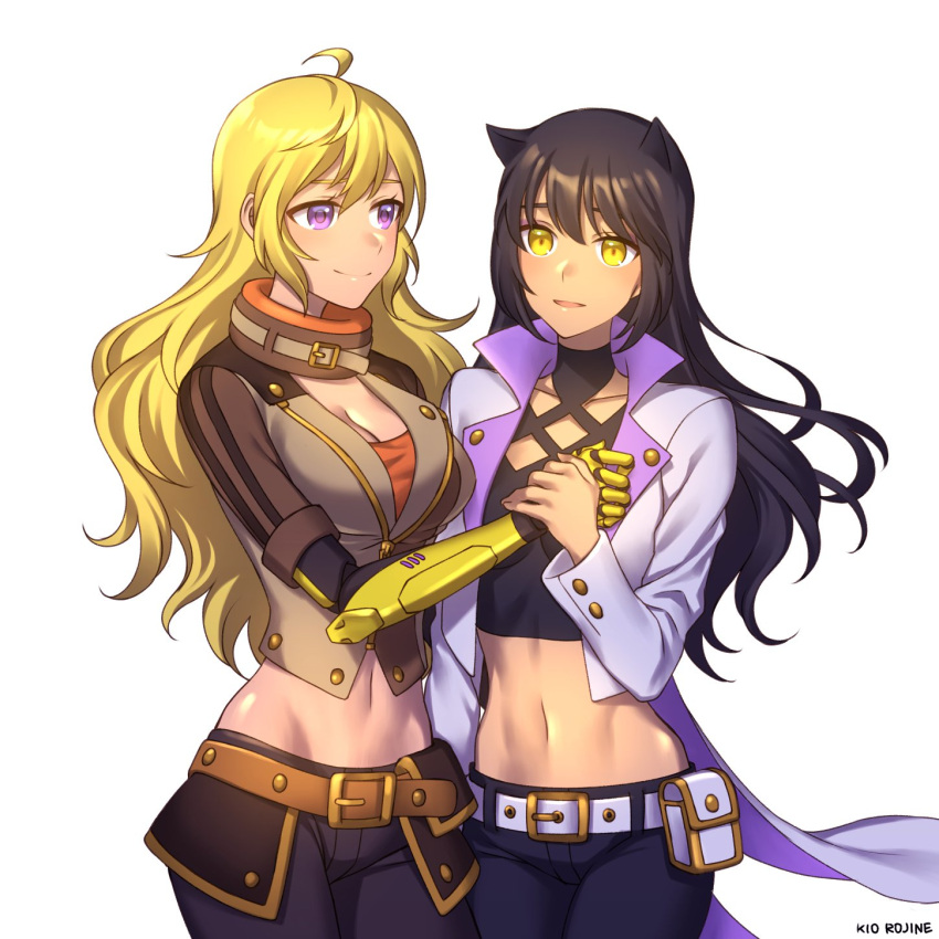 2girls, ahoge, animal_ears, artist_name, belt, black_hair, black_panties, blake_belladonna