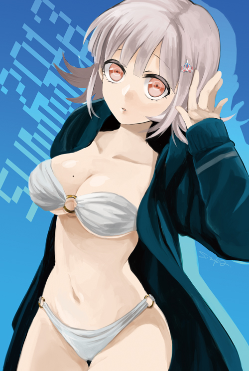 1girl, bangs, black_jacket, blue_background, breasts, cleavage, collarbone, commentary_request