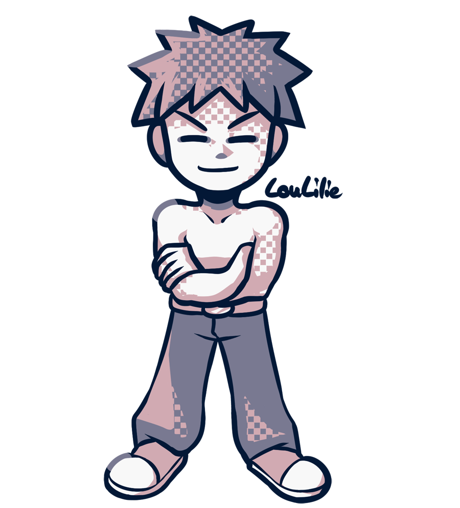 1boy, belt, closed_eyes, commentary, creatures_(company), crossed_arms, english_commentary, full_body, game_freak, looking_at_viewer, loulilie, male_focus, nintendo, pants, pokemon, pokemon_(game), pokemon_rgby, shirtless, shoes, solo, takeshi_(pokemon), transparent_background