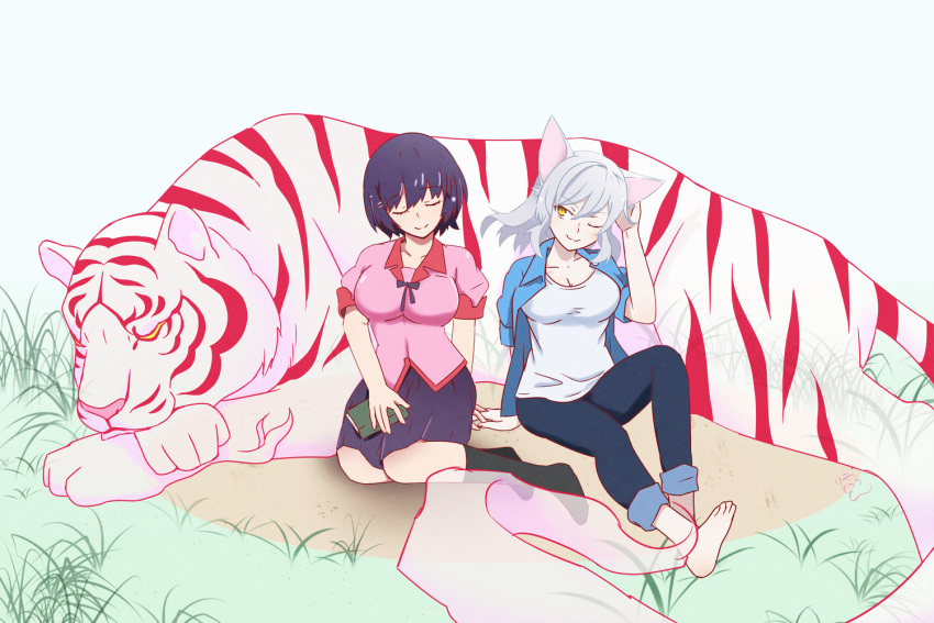 2girls, ;3, animal_ears, bakemonogatari, barefoot, black_hair, black_hanekawa, book
