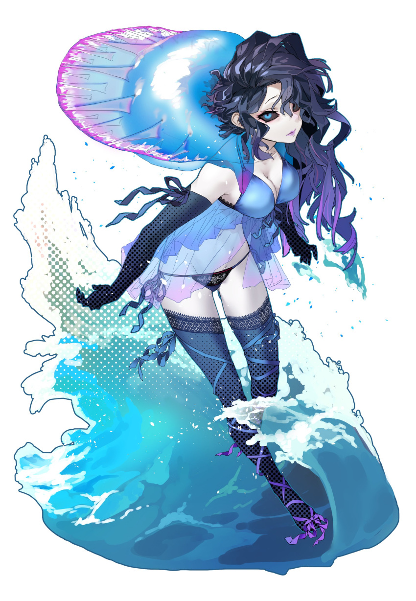1girl, absurdres, babydoll, black_hair, black_sclera, blue_eyes, blue_gloves, blue_legwear, blue_panties, blue_ribbon, breasts, cleavage, elbow_gloves, expressionless, full_body, gloves, gradient_hair, highres, leaning_forward, leg_ribbon, lips, long_hair, medium_breasts, multicolored_hair, original, pale_skin, panties, personification, portuguese_man_o'_war, purple_hair, purple_lips, purple_ribbon, reiga_(act000), ribbon, see-through, simple_background, solo, splashing, thigh-highs, underwear, unmoving_pattern, water, white_background