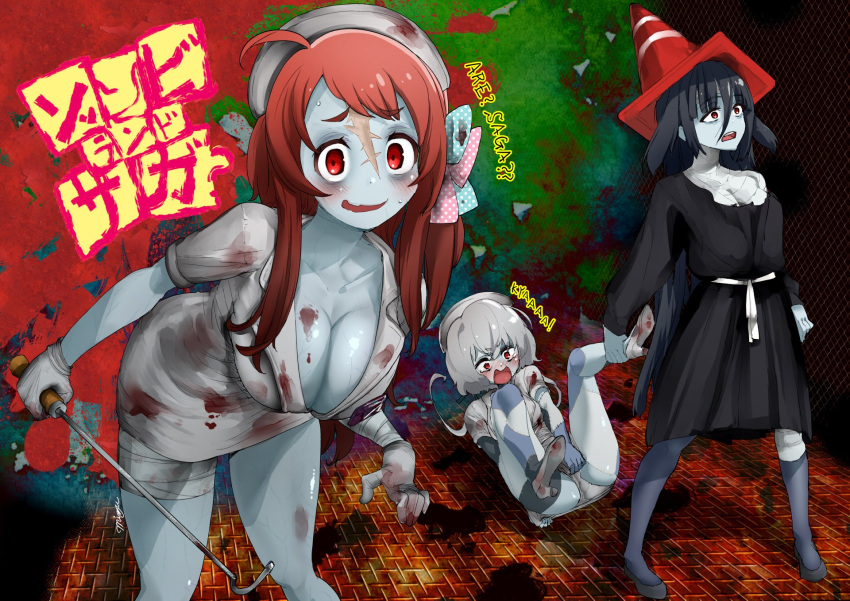 3girls, ahoge, bandage, black_dress, black_hair, bow, breasts, cleavage