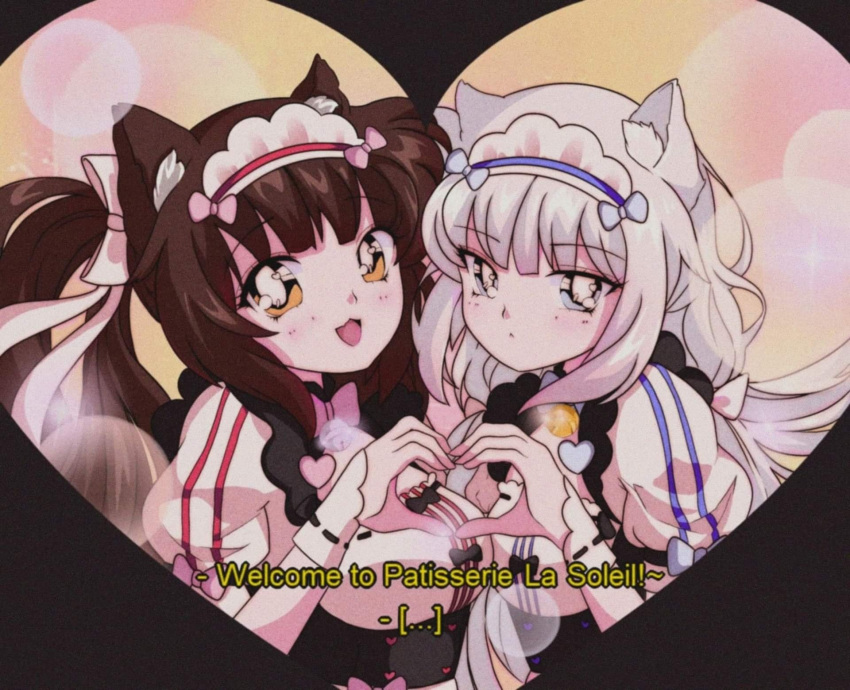 2girls, :<, :3, :d, animal_ear_fluff, animal_ears, blue_eyes, brown_hair, cat_ears, chocola_(sayori), commentary, english_commentary, english_text, eyebrows_visible_through_hair, hair_ribbon, heart, heart_hands, heart_hands_duo, highres, komi_shou, long_hair, looking_at_viewer, low_twintails, maid, maid_headdress, multiple_girls, nekopara, oldschool, open_mouth, puffy_short_sleeves, puffy_sleeves, ribbon, short_sleeves, smile, subtitled, twintails, uniform, vanilla_(sayori), white_hair, white_ribbon, wrist_cuffs, yellow_eyes