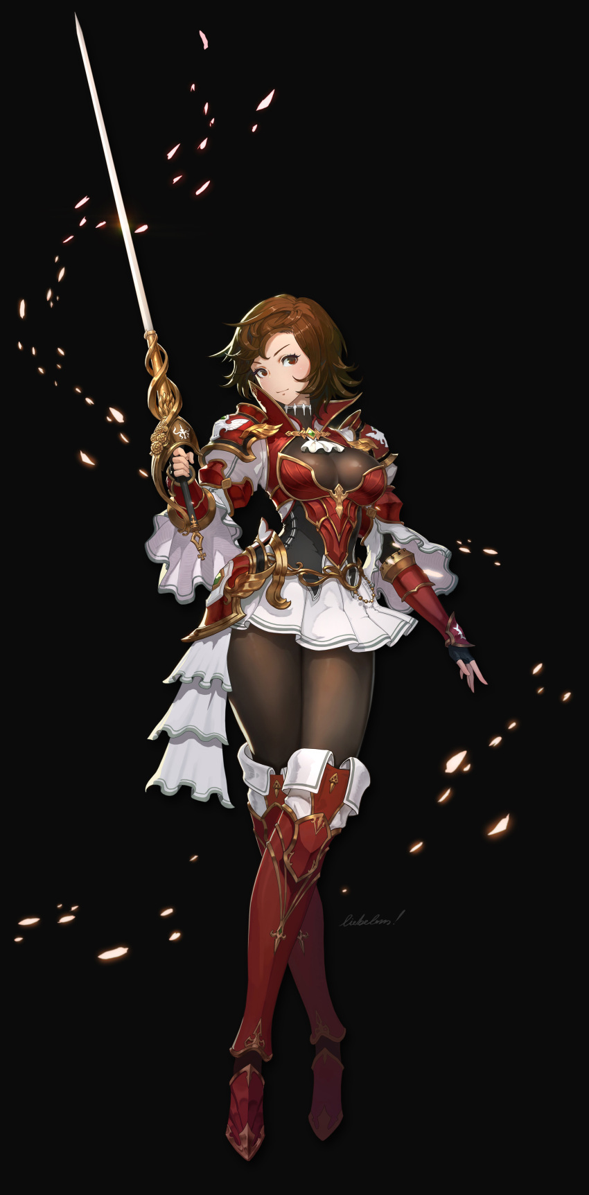1girl, absurdres, armor, beads, black_background, blush, boots, brown_eyes, brown_hair, cross, fingerless_gloves, flower, gem, gloves, highres, holding, holding_weapon, lexaiduer, original, pantyhose, pauldrons, petals, rapier, short_hair, signature, simple_background, smile, solo, standing, sword, vambraces, weapon