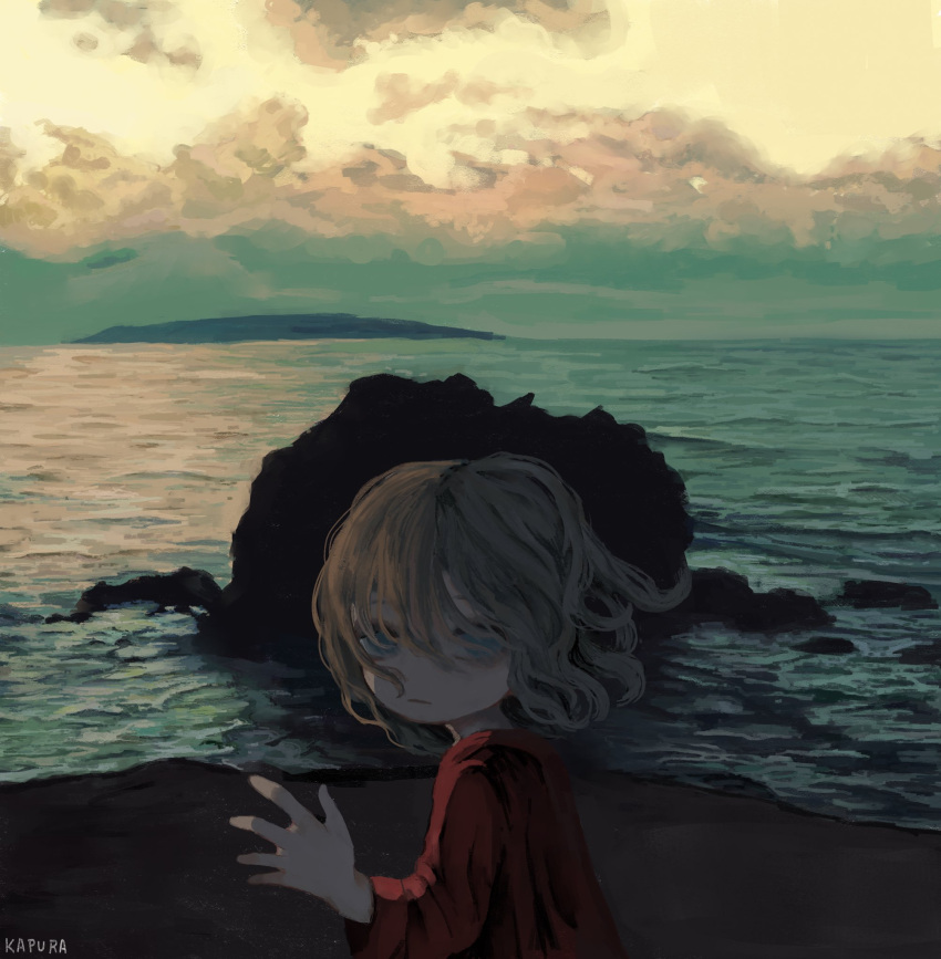 1girl, beach, blue_eyes, brown_hair, clouds, cloudy_sky, gloomy_goat, hair_between_eyes, hair_over_eyes, highres, long_sleeves, looking_at_viewer, medium_hair, muted_color, no_nose, original, outdoors, red_shirt, rock, shirt, sky, solo, sunset, upper_body, water, yellow_sky