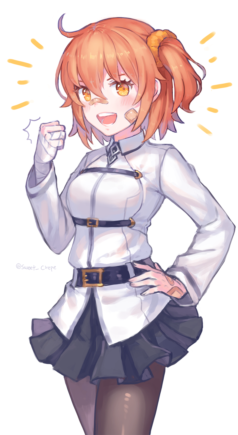 1girl, :d, bandage, bandaid, bandaid_on_face, belt, black_legwear, black_skirt