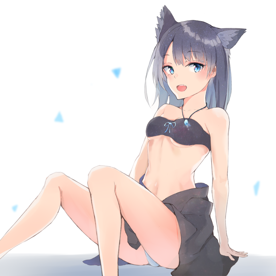 1girl, animal_ears, arm_support, bikini, black_bikini, black_skirt, blue_eyes, blue_ribbon