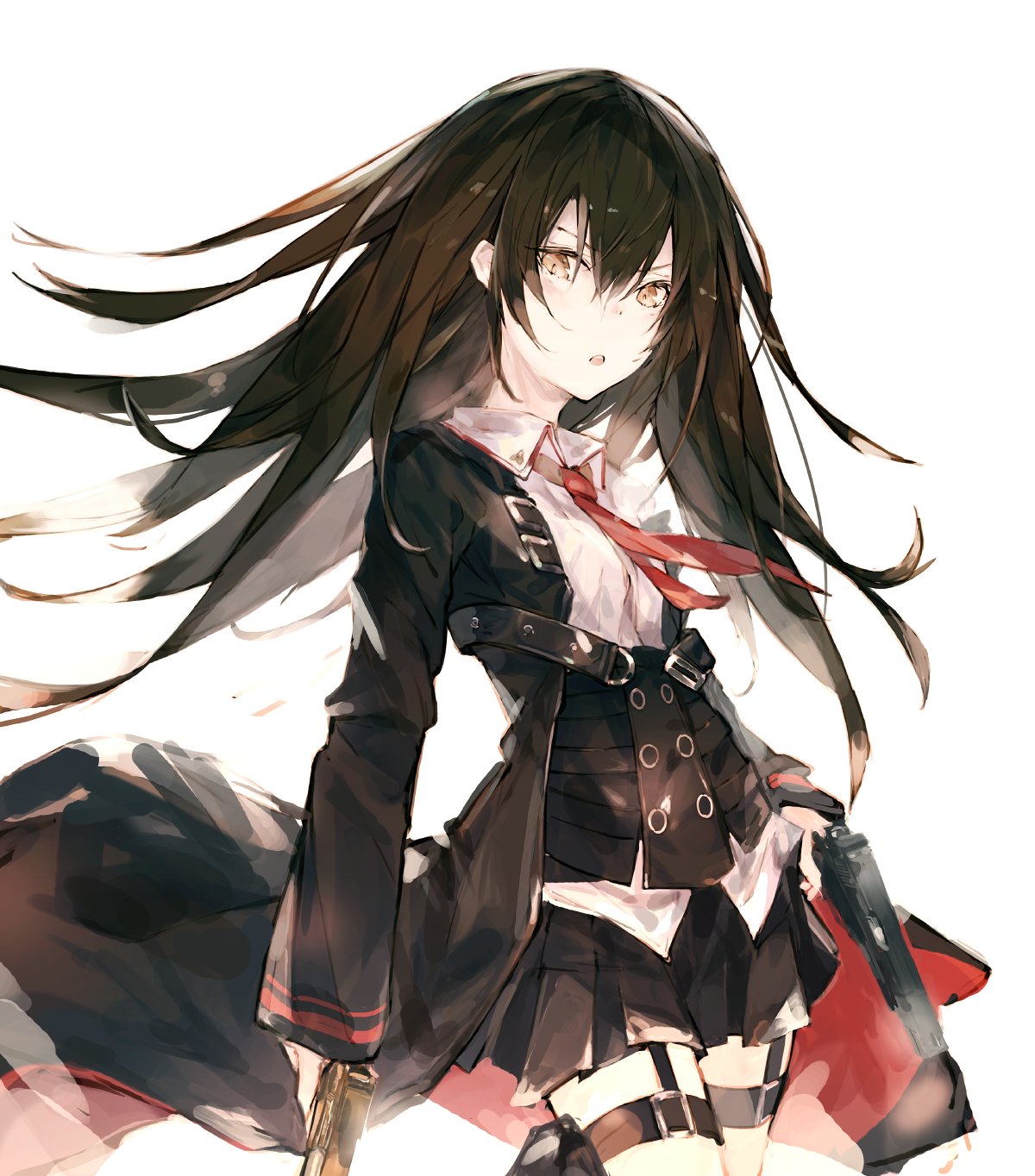 1girl, bangs, black_hair, coat, collared_shirt, commentary, corset, dual_wielding, girls_frontline, gun, hair_between_eyes, handgun, highres, holding, holding_gun, holding_weapon, holster, kashii_(amoranorem), long_hair, looking_at_viewer, necktie, nz_75, nz_75_(girls_frontline), open_mouth, pistol, pleated_skirt, red_neckwear, shirt, simple_background, skirt, solo, thigh_holster, thigh_strap, trench_coat, weapon, white_background, wind, yellow_eyes