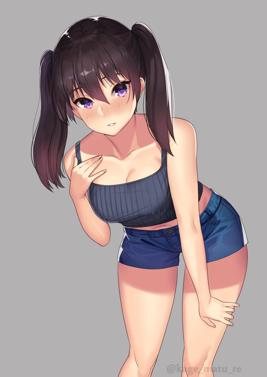 1girl, bangs, bare_shoulders, black_hair, blue_shorts, blush, breasts, collarbone