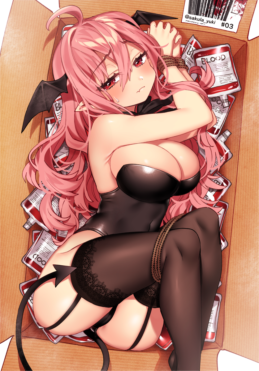 1girl, ass, bare_arms, bare_shoulders, black_legwear, black_leotard, black_neckwear, black_panties, black_wings, blood, blood_bag, bound, bound_legs, bound_wrists, box, breasts, cardboard_box, cleavage, closed_mouth, commentary_request, covered_navel, demon_tail, eyebrows_visible_through_hair, fang_out, feet_out_of_frame, hair_between_eyes, head_wings, highres, in_container, large_breasts, leotard, long_hair, looking_at_viewer, lying, on_side, original, panties, pink_hair, pointy_ears, red_eyes, restrained, rope, sakura_yuki_(clochette), shiny, shiny_clothes, solo, sweatdrop, tail, thigh-highs, underwear, wavy_hair, wings