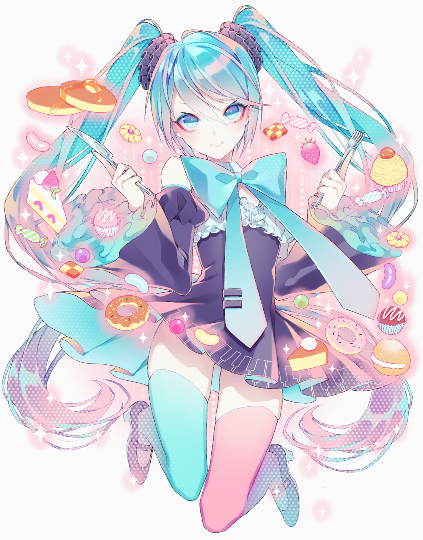 1055, 1girl, aqua_bow, aqua_eyes, aqua_hair, aqua_legwear, aqua_neckwear, black_dress
