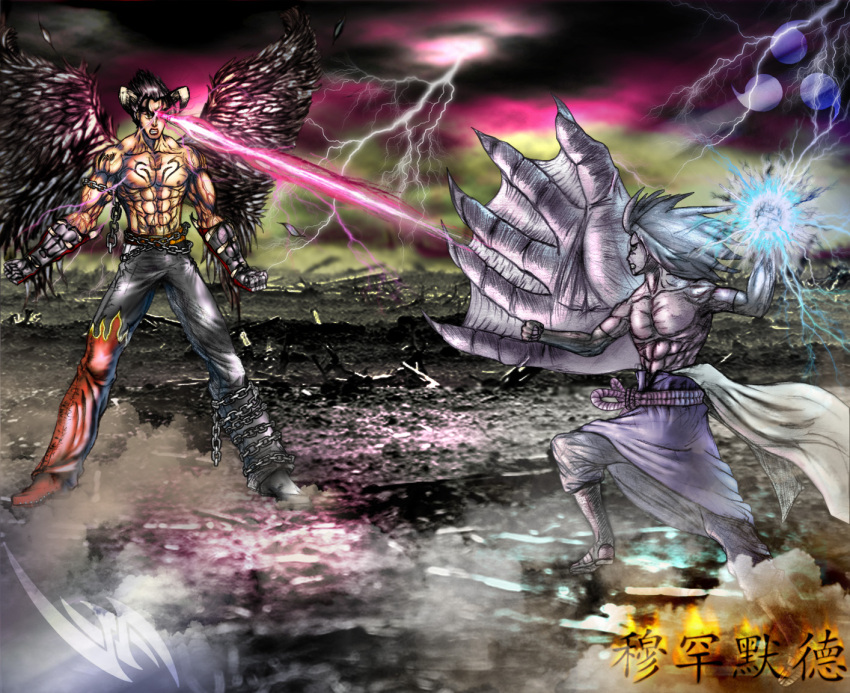 2boys, alternate_wings, angel_wings, beam, bird_wings, black_hair, black_wings, boots