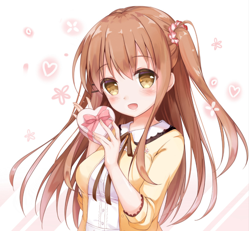 1girl, :d, bangs, blush, bow, box, breasts, brown_eyes