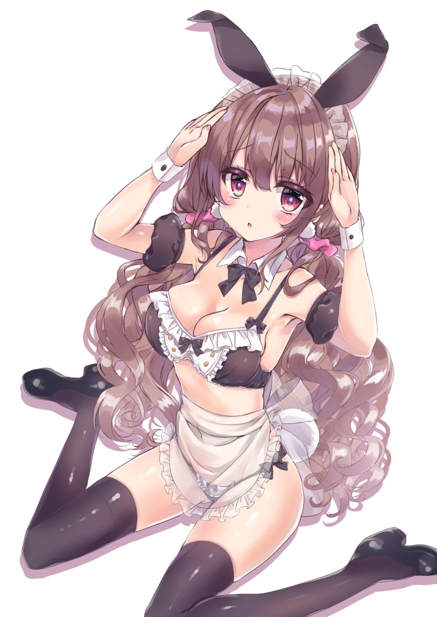 1girl, :o, animal_ears, apron, arms_up, bangs, bare_shoulders, bikini