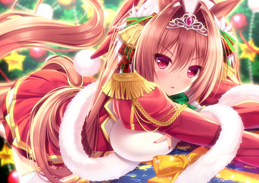 1girl, animal_ears, bangs, bell, bent_over, blurry, blurry_background, bow