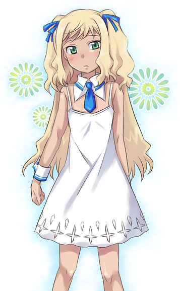 blush, dress, embarrassed, flat_chest, frown, green_eyes, gundam, gundam_00, gundam_00f, gundam_00p, hair_ribbon, kuro_(pizz66), long_hair, necktie, ribbon, sherilyn_hyde, short_twintails, solo, standing, sundress, twintails, very_long_hair, wrist_cuffs