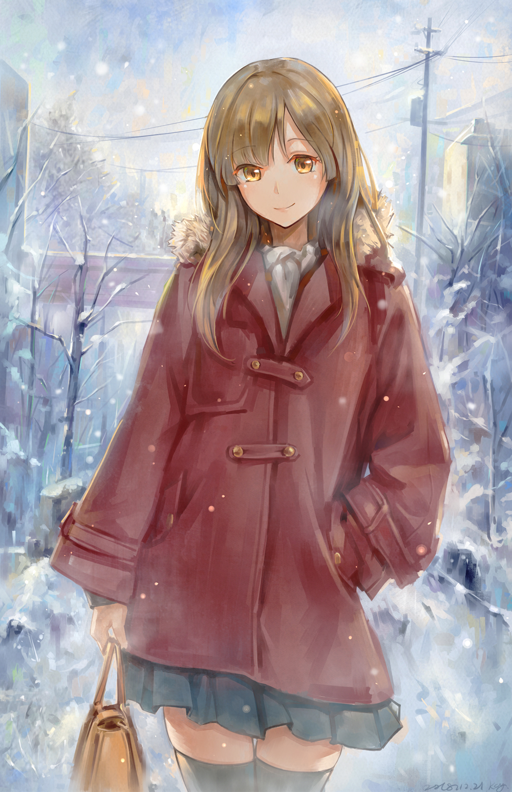 1girl, bag, bangs, bare_tree, black_legwear, blue_skirt, brown_hair, building