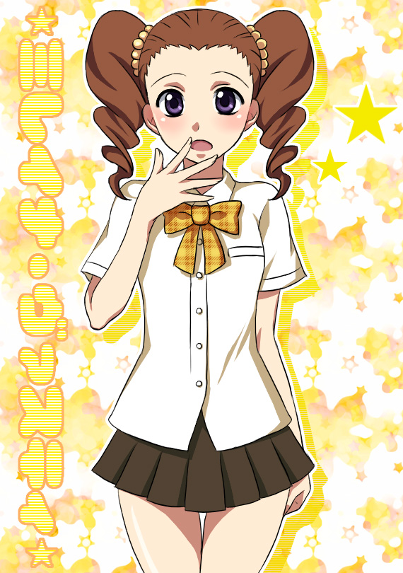 bad_id, blush, bow, bowtie, brown_hair, drill_hair, embarrassed, flat_chest
