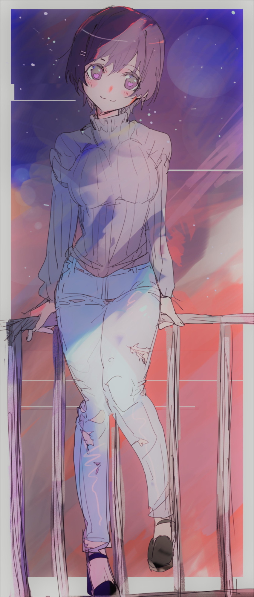 1girl, absurdres, black_footwear, blue_pants, breasts, closed_mouth, commentary_request, grey_sweater