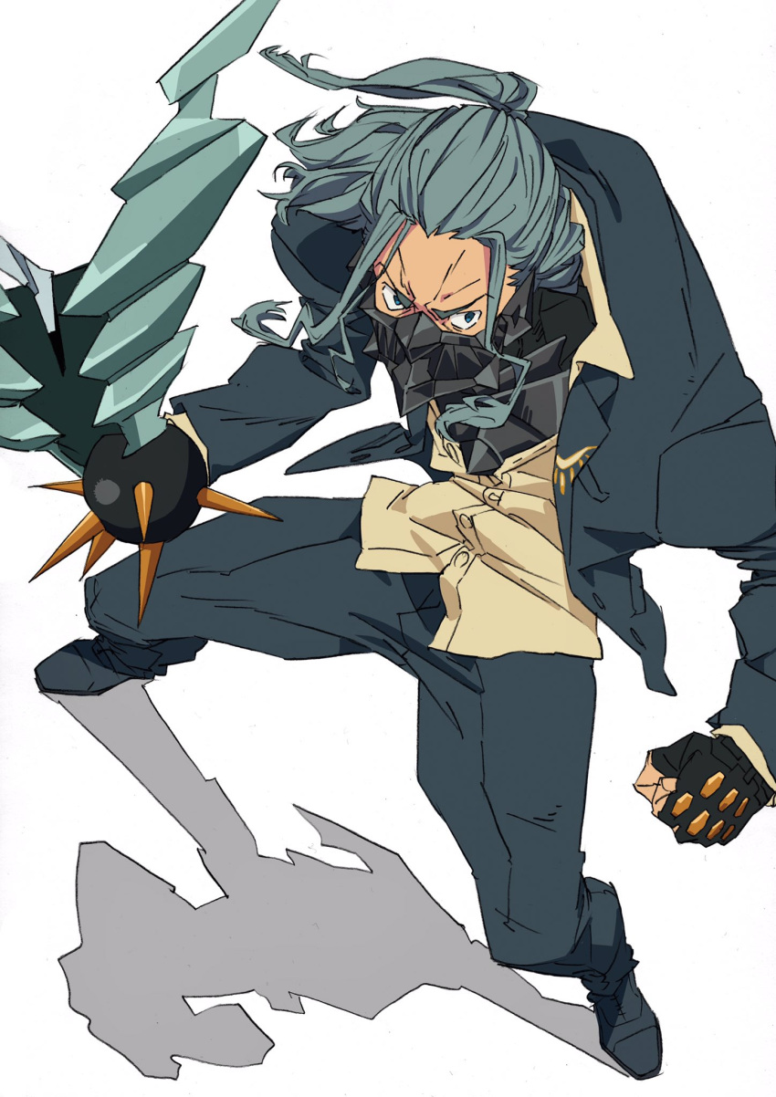 1boy, angry, arai_hiroki, blue_eyes, clenched_hand, dutch_angle, formal, green_hair
