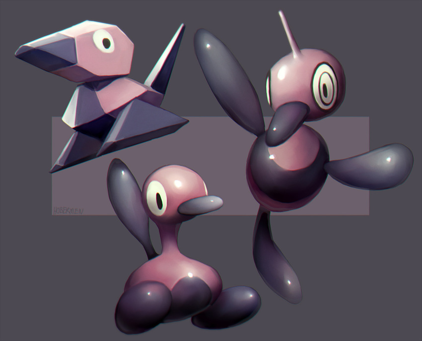 bird, black_eyes, commentary, creature, creatures_(company), english_commentary, evolution, full_body, game_freak, gen_1_pokemon, gen_2_pokemon, gen_4_pokemon, grey_background, hobermen, horn, nintendo, no_humans, pokemon, pokemon_(creature), porygon, porygon-z, porygon2, signature, simple_background, tumblr_username