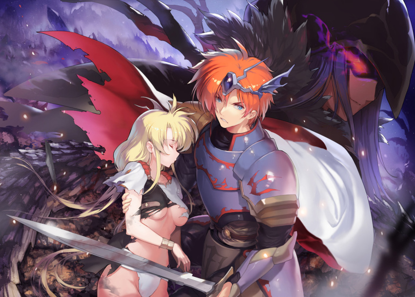 1boy, 1girl, armor, blonde_hair, blue_eyes, breasts, cape, circlet
