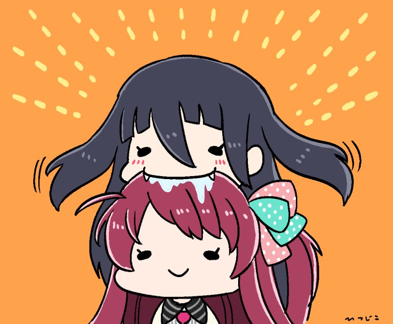 2girls, biting, blush, chibi, closed_eyes, fangs, happy, hitsujikoex, minamoto_sakura, multiple_girls, saliva, smile, yamada_tae, zombie_land_saga