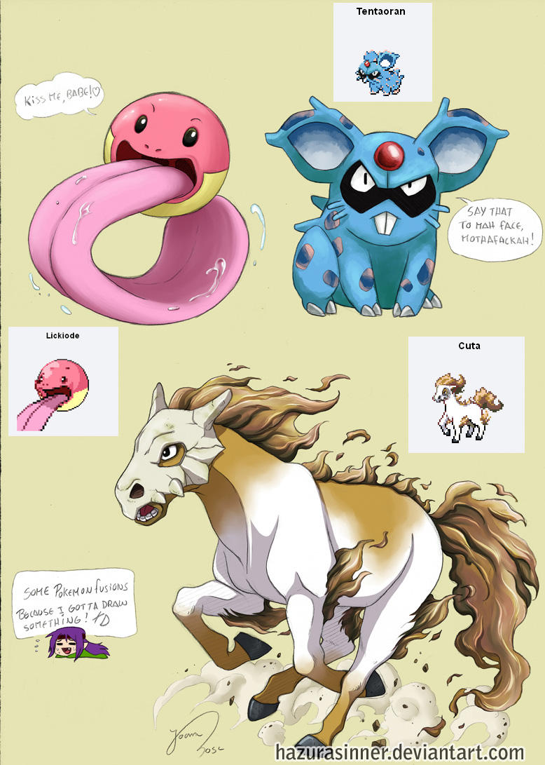 1girl, black_eyes, character_name, claws, closed_eyes, commentary, creature, creatures_(company), cubone, electrode, emoticon, english, english_commentary, fang, fusion, game_freak, gen_1_pokemon, hazurasinner, heart, horse, laughing, lickitung, long_hair, looking_at_viewer, nidoran, nintendo, open_mouth, pokemon, ponyta, purple_hair, running, signature, skull_mask, standing, teeth, tentacruel, tongue, tongue_out, watermark, web_address