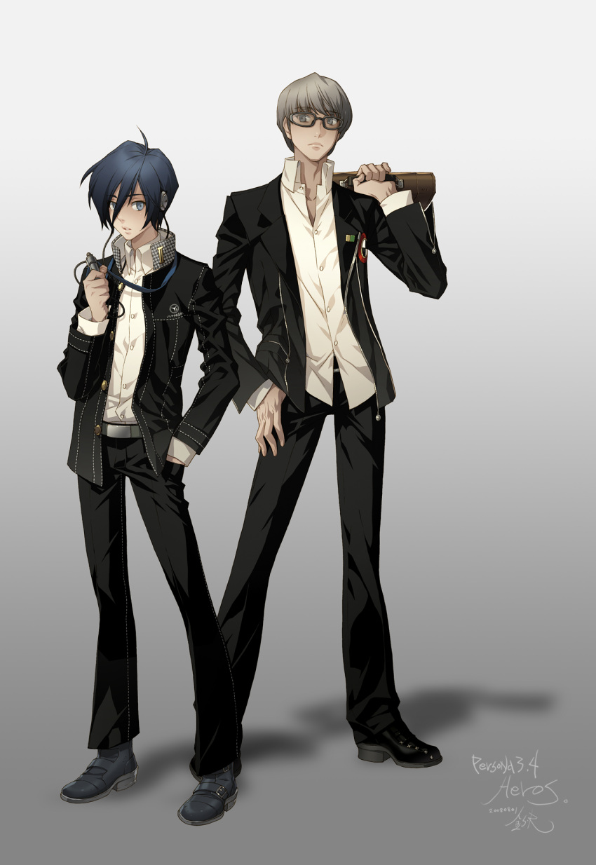 arisato_minato, bad_id, blue_eyes, blue_hair, cosplay, costume_switch, glasses, grey_eyes, grey_hair, highres, male, multiple_boys, narukami_yuu, persona, persona_3, persona_4, protagonist_(persona4), s.r., school_uniform, seta_souji, short_hair, silver_hair