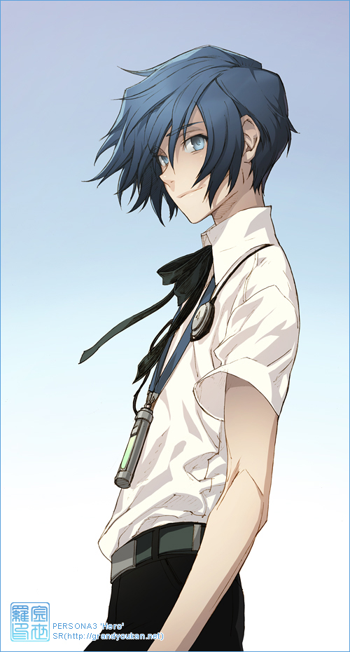 arisato_minato, bad_id, blue_eyes, blue_hair, digital_media_player, headphones, male, persona, persona_3, s.r., shirt, short_hair, solo