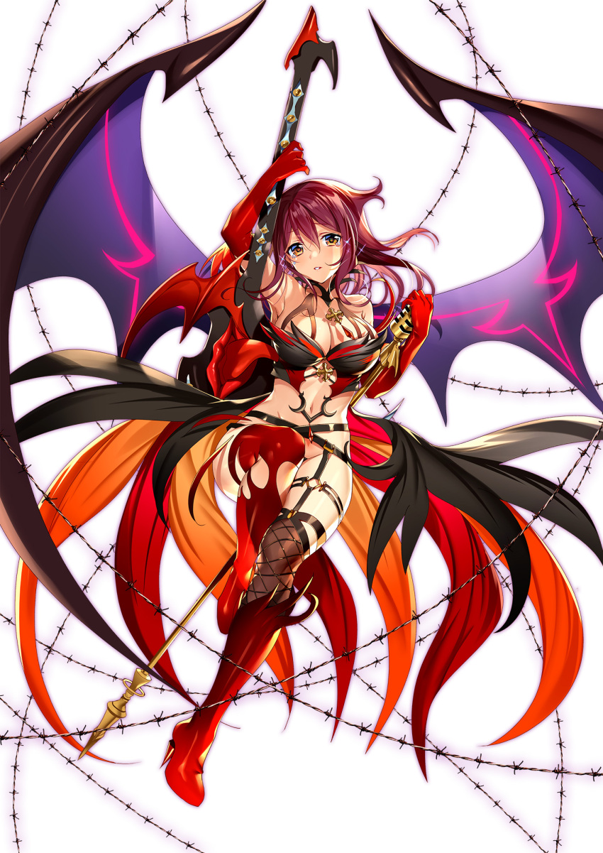 1girl, armpits, asymmetrical_footwear, asymmetrical_legwear, bangs, barbed_wire, bare_shoulders, black_cape, black_legwear, black_panties, black_wings, blush, boots, breasts, brown_eyes, cape, cleavage, collarbone, demon_wings, elbow_gloves, floating, floating_hair, full_body, garter_belt, gloves, gold, guzuko, hair_between_eyes, hair_flaps, high_heel_boots, high_heels, highres, holding, holding_instrument, holding_microphone, instrument, knee_boots, large_breasts, leg_up, long_hair, looking_at_viewer, lostorage_wixoss, medium_breasts, messy_hair, microphone, microphone_stand, multicolored, multicolored_wings, murakami_yuichi, music, navel, open_mouth, panties, pantyhose, red_footwear, red_gloves, redhead, revealing_clothes, single_knee_boot, single_thigh_boot, solo, sparkle, tears, thigh-highs, thigh_strap, underwear, waist_cape, wings, wixoss