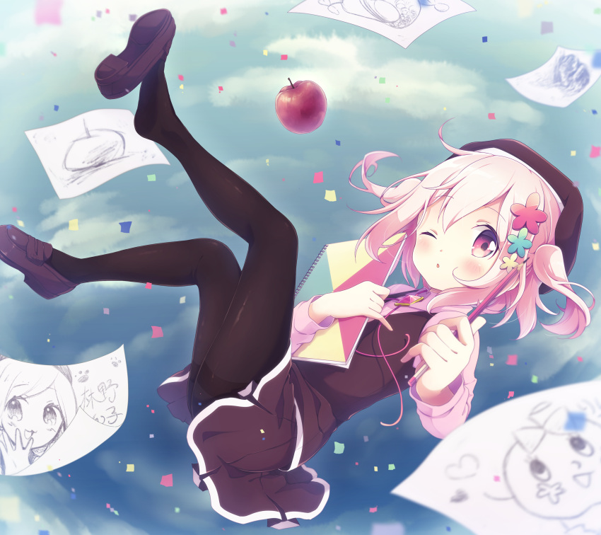 1girl, absurdres, aizaki_(aizkaizk), apple, beret, black_hat, black_legwear, black_skirt