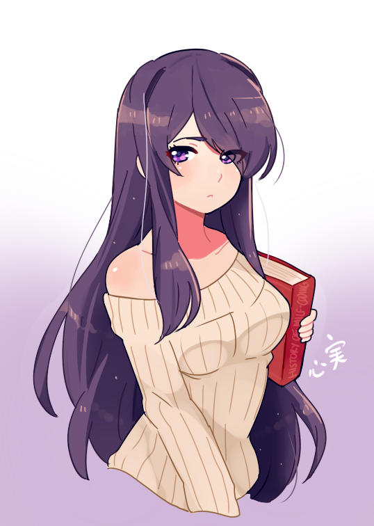 1girl, bangs, bare_shoulders, blush, book, doki_doki_literature_club, holding, holding_book