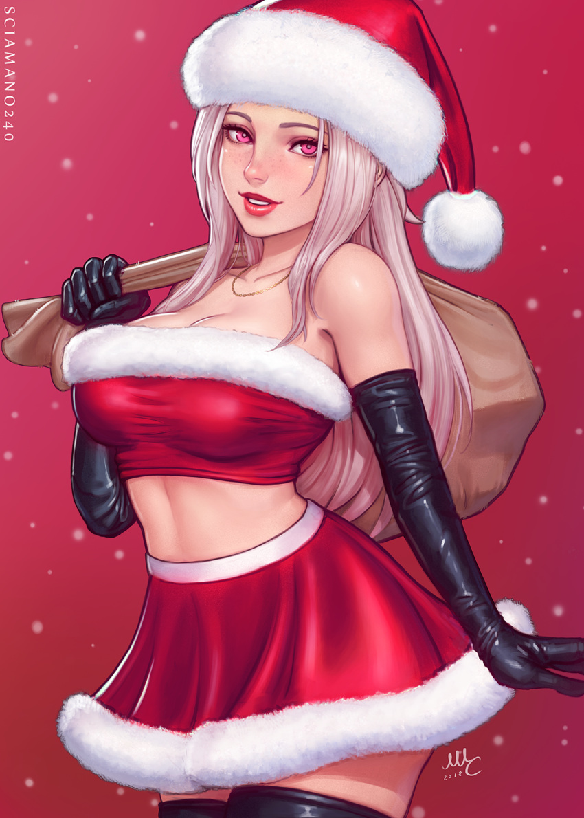 1girl, black_gloves, black_legwear, breasts, bright_pupils, chloe_(sciamano240), christmas, cleavage