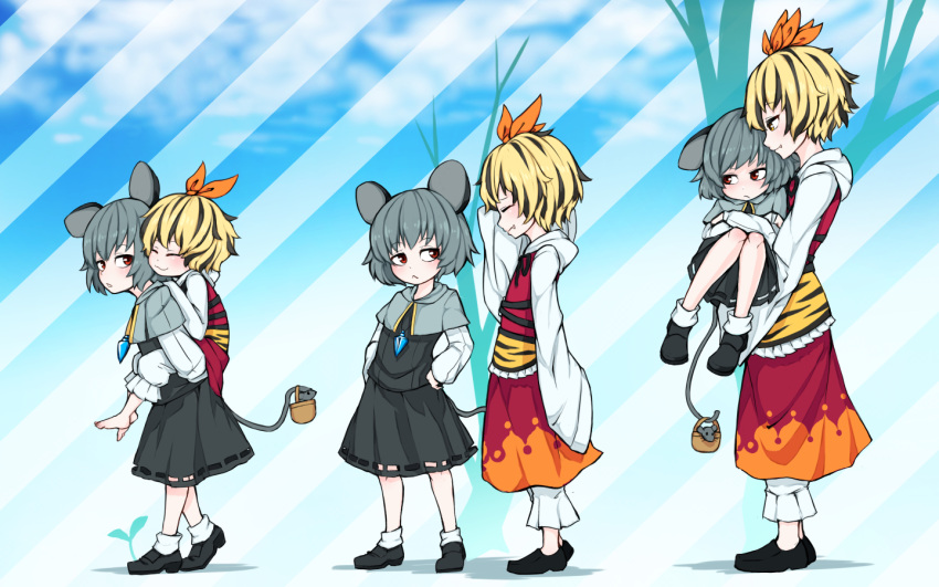 2girls, :<, age_progression, animal, animal_ears, animal_print, basket, black_footwear