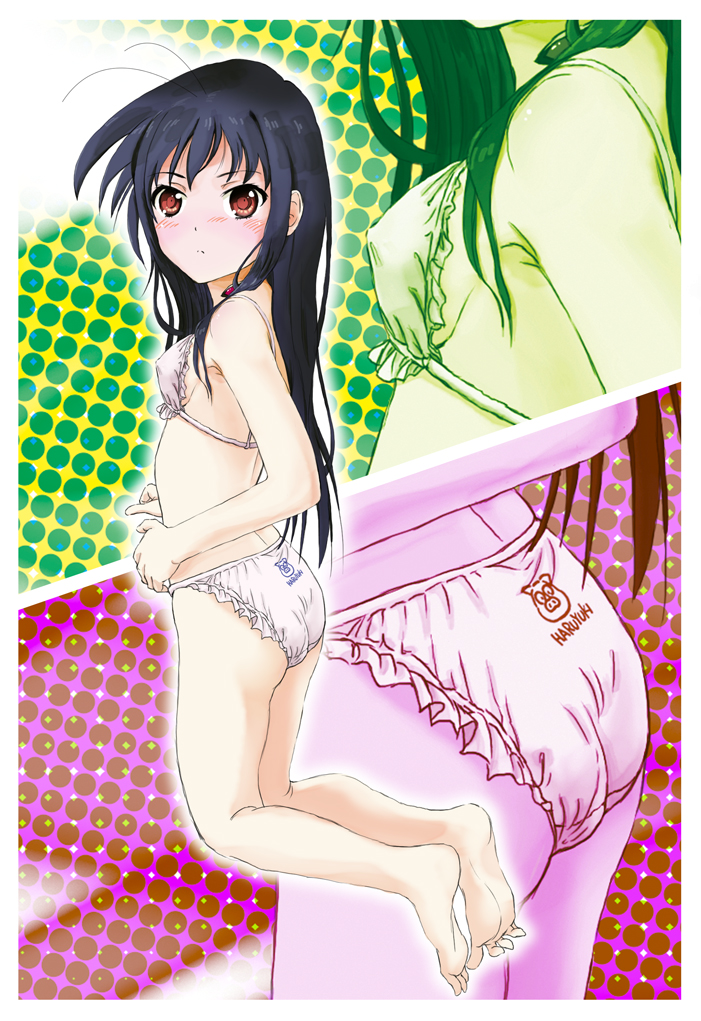 1girl, accel_world, antenna_hair, ass, back-print_panties, barefoot, black_hair, blush