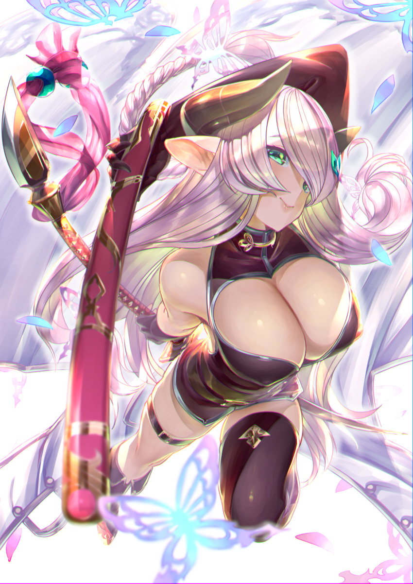 1girl, arm_behind_head, boots, braid, breasts, cleavage, cleavage_cutout, closed_mouth