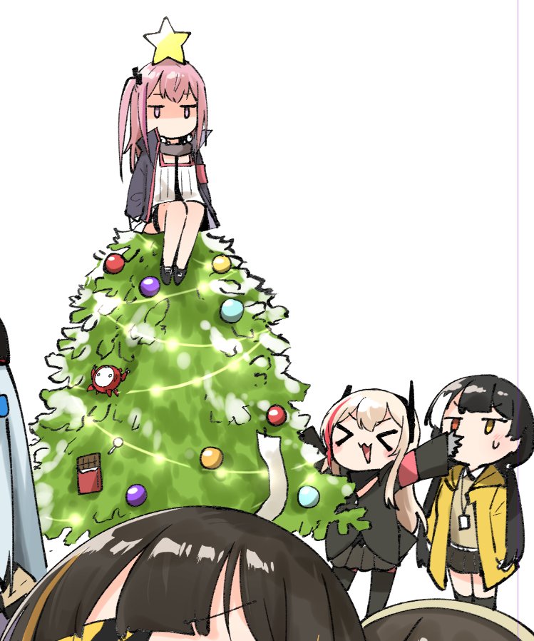 >_<, 6+girls, chocolate, christmas_ornaments, christmas_tree, christmas_tree_hair_ornament, girls_frontline, goliath_(girls_frontline)