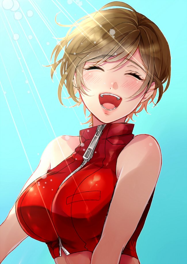 1girl, :d, bare_shoulders, blush, breasts, brown_hair, closed_eyes, commentary_request