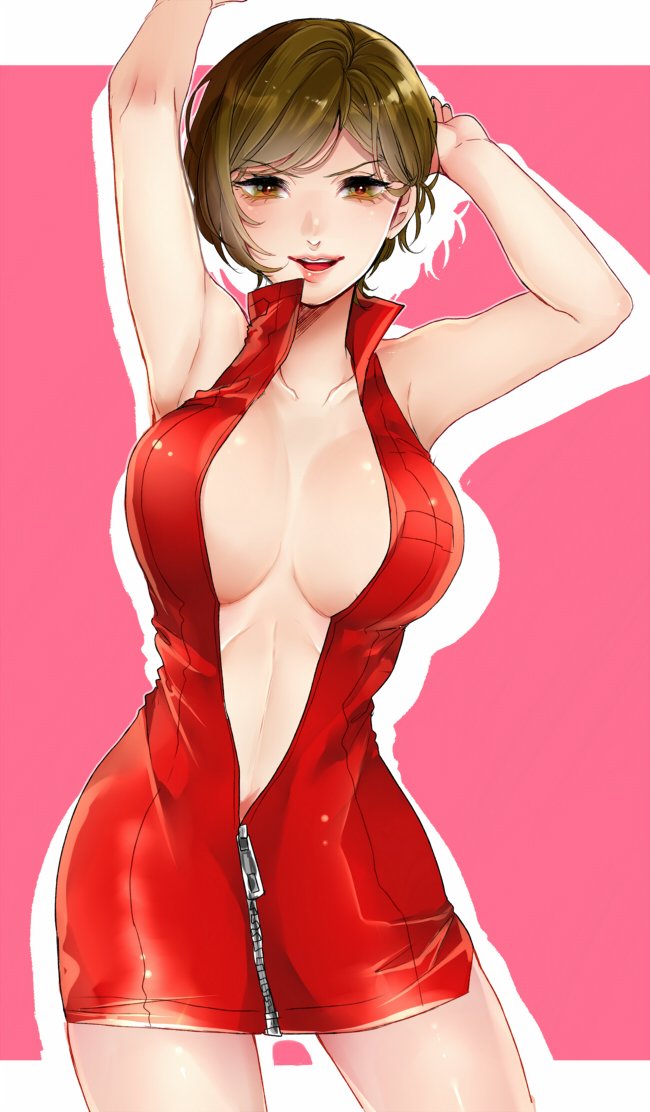 1girl, armpits, arms_up, bare_shoulders, breasts, brown_eyes, brown_hair, center_opening