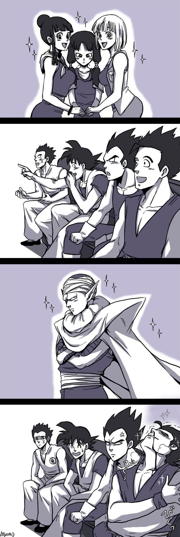 3girls, 4koma, 5boys, :d, annoyed, bleeding, blood, bulma