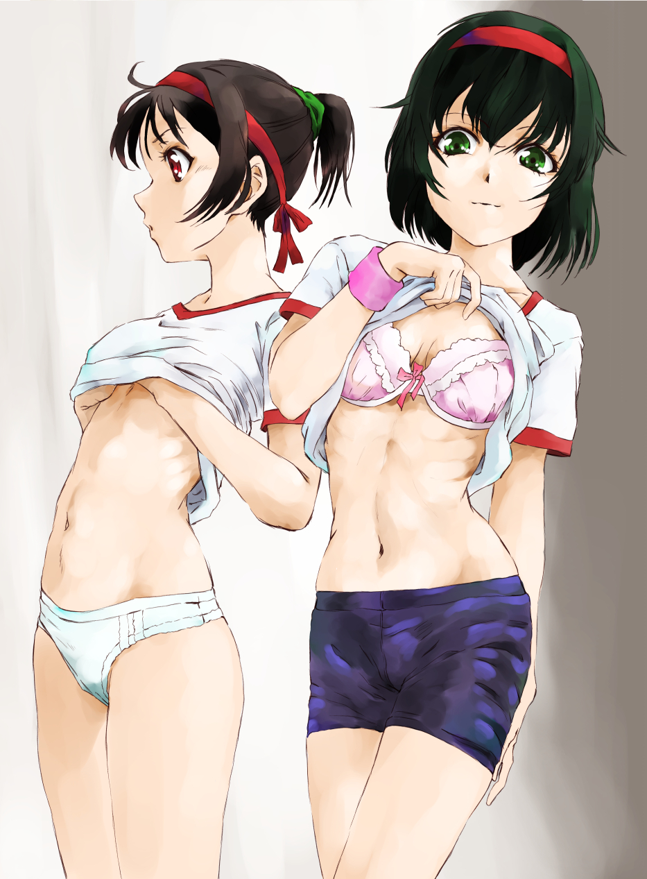 2girls, :o, arm_behind_back, bangs, bike_shorts, black_hair, bow, bow_bra